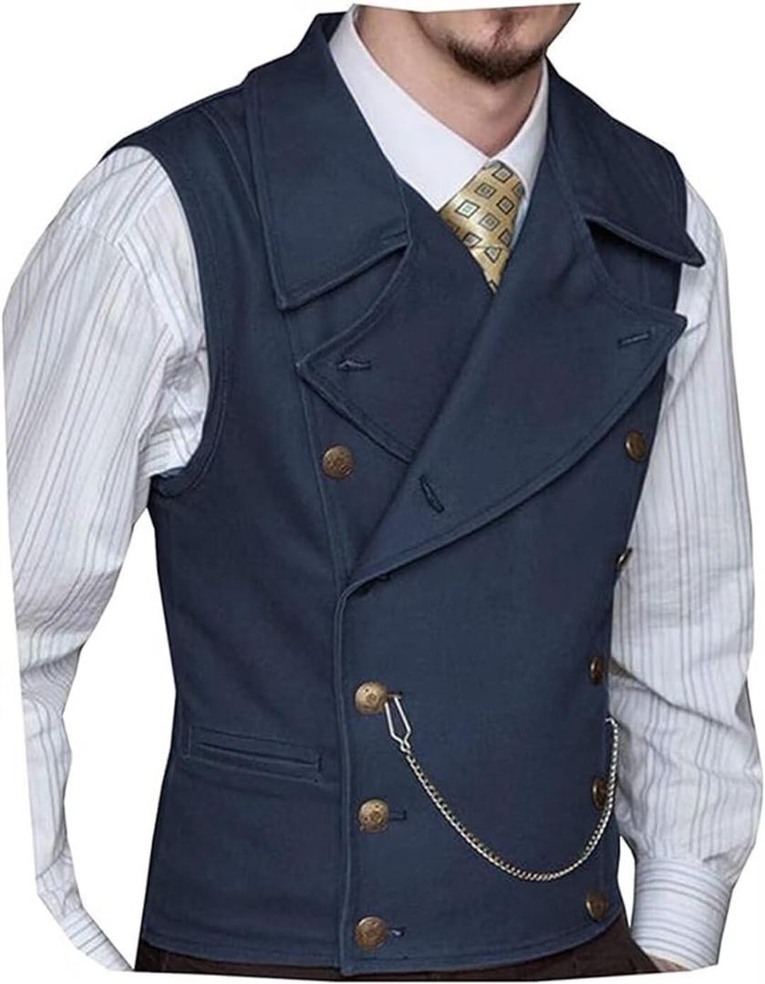 Mens Double Breasted Classic Vests Groomsman Wedding Waistcoat Wide Lapel Suede Leather Casual Business Vest for Men (4X-Large, Navy Blue)