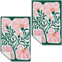 Pink and Green Boho Floral Kitchen Towels, Retro Mid Century Modern Flower Decorative Dish Towels Drying Cloth, Abstract Boho Floral Hand Towels for Bathroom Kitchen, 16x24 Inch Set of 2