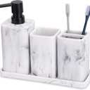 ZCCZ Bathroom Accessory Sets, 4 Pieces Bathroom Accessories Complete Set Vanity Countertop Accessory Set with Marble Look, Includes Lotion Dispenser Soap Pump, Tumbler, Toothbrush Holder and Tray (White Marble Look)
