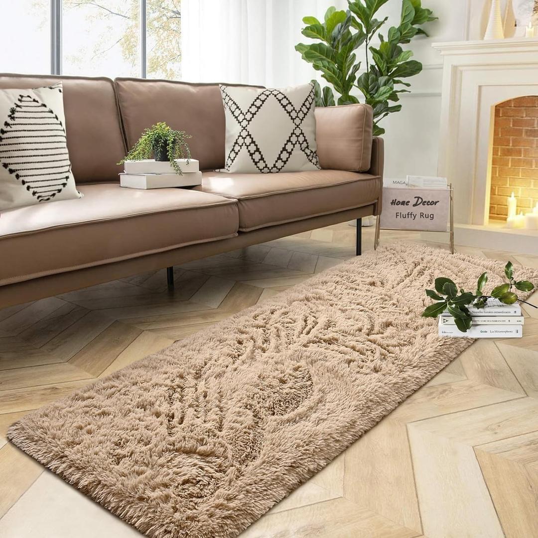 DweIke Fluffy Beige Runner Rugs for Bedroom, 2x6 Feet Soft Plush Long Runners for Girls Boys Kids, Non-Slip and Machine Washable Bedside Rug, Small Throw Carpet for Hallway Rooms Decor