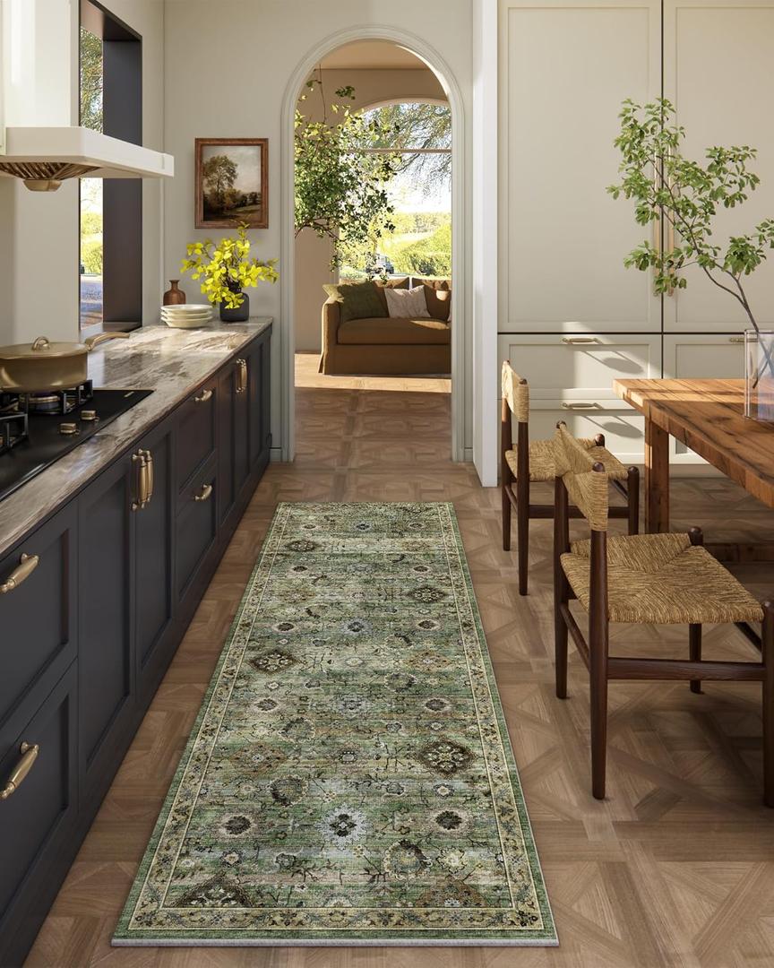 Washable Runners for Hallways Kitchen Rugs: 2'x6' Runner Rug Stain Resistant Non Slip Low Pile Soft Carpet Runners for Hallways Bedroom Kitchen Entryway Indoor Laundry Room Farmhouse (Green and Beige)