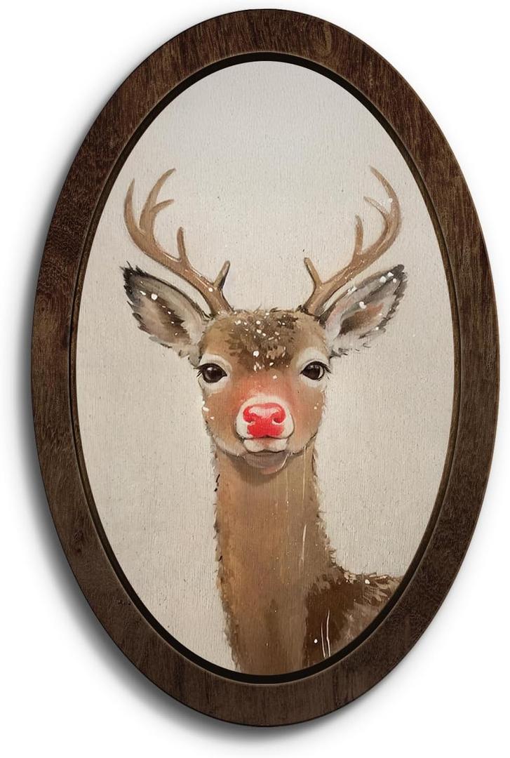 YZSLA Red Nose Reindeer Christmas Deer Framed Wall Art Decor, Christmas Home Room Decor, Rustic Winter Xmas Red Deer Holiday Wooden Oval Wall Decorations for Home Bedroom Living Room, 15.74x10.23