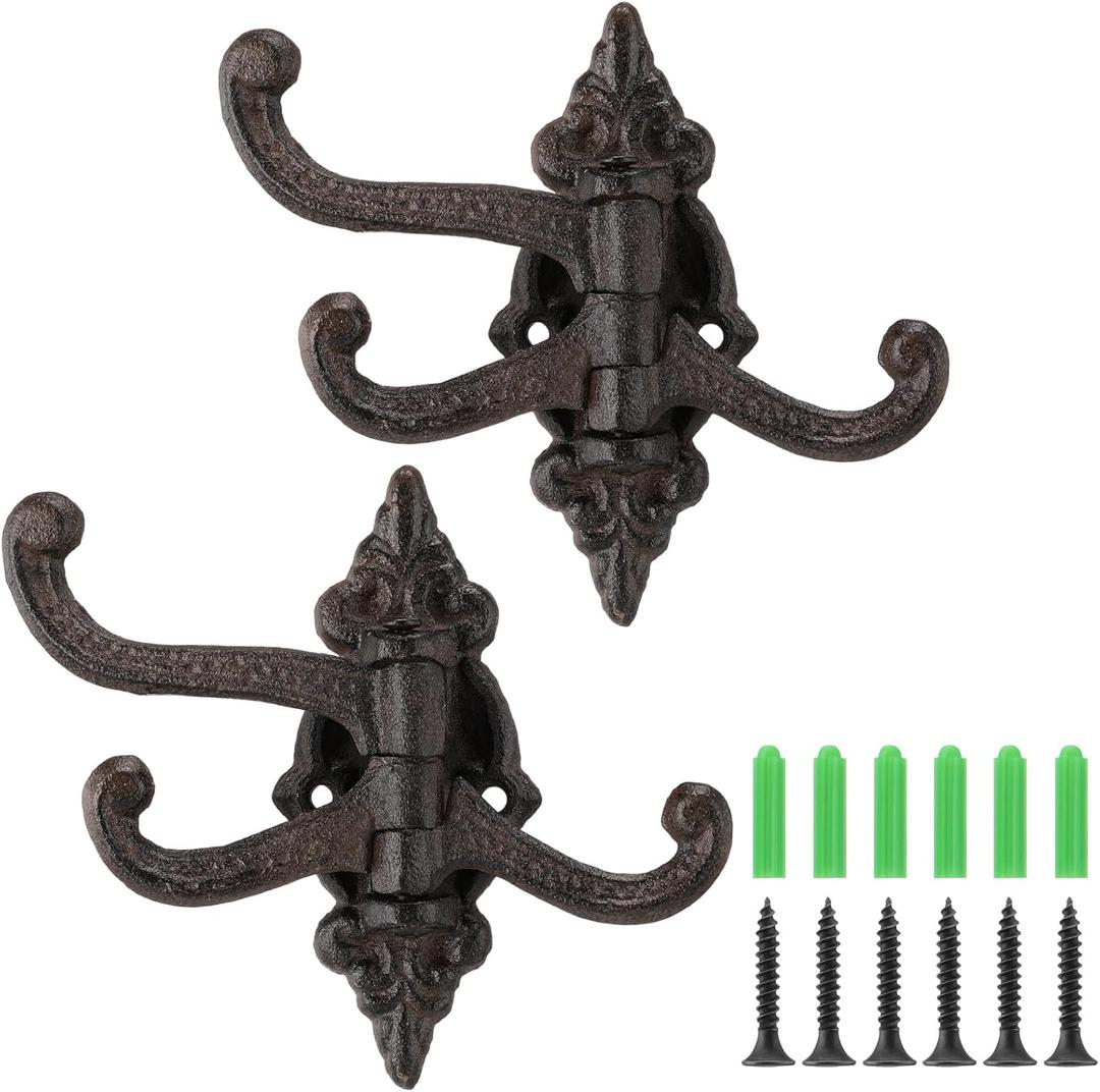 2 Pcs Vintage Cast Iron Wall Hooks Wall Mounted Rustic Metal Towel Hook Heavy Duty Hooks 3 Swing Arm Swivel Coat Hook for Coat Shoe Towel(Brown)