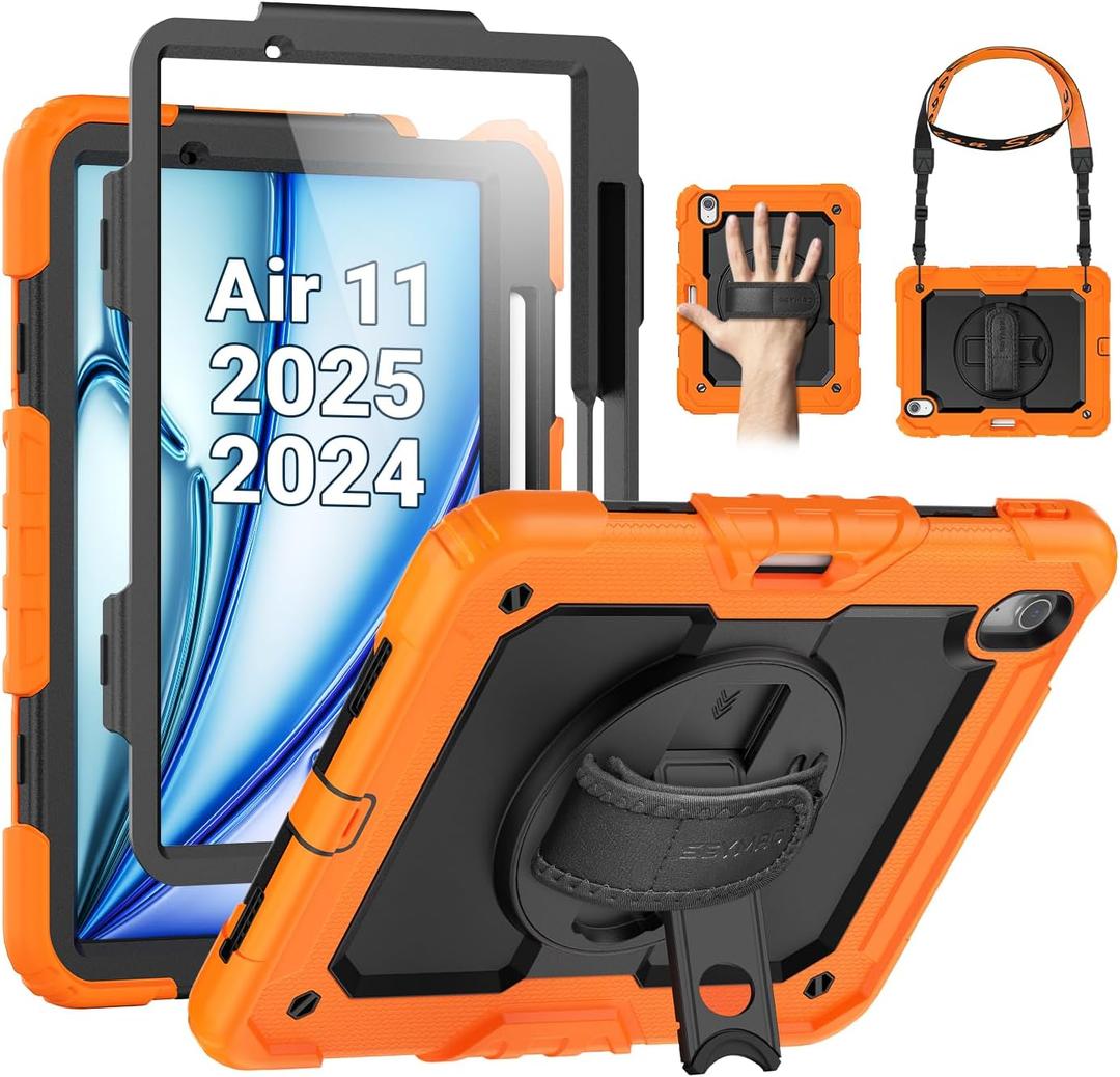 SEYMAC Case for iPad Air 11 Inch M3 2025/M2 2024 (Air 7th/6th Generation), Heavy Duty Shockproof Protective Case with Screen Protector, Rotating Stand and Hand/Shoulder Strap, Orange