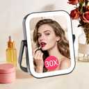 FUNTOUCH 30X/1X Travel Makeup Mirror with Lights, 3000mAh Rechargeable 2-Sided Magnifying Mirror, Portable Vanity Mirror, 3-Color Lighting Dimmable Touch Screen, for Women Gift, Black