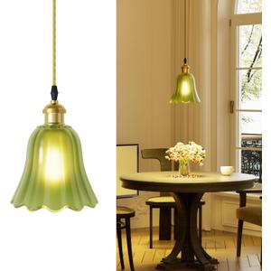 Pendant Light with Vintage Green Glass Petal Lampshade,Height-Adjustable Pendant Lamp Hanging Light for Kitchen Island Dining Room,Dimmable Farmhouse Elegant Island Light with Bulb Hardwired