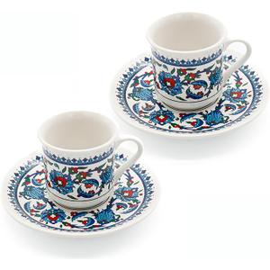 Turkish Coffee Cups Set of 2 with Saucers and Cup Holder, Ceramic Espresso Cups, Perfect for Serving Arabic Coffee – White & Blue Pattern