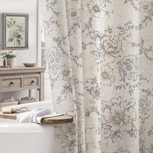 Farmhouse Floral Linen Shower Curtain, Vintage Grey Pattern Rustic Shower Curtains for Bathroom, Tan Taupe,Gray,72x78