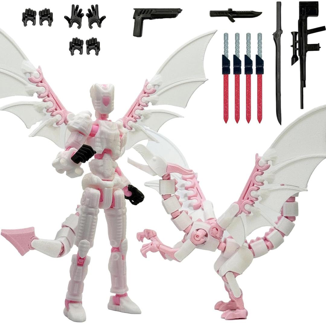 T13 3D Printed Action Figure Set with Flying Dragon, Multi Joint Movable, Already Assembled, Plastic Robot Toy Figures for Boys Ages 3+, Halloween Theme (Pink)