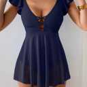 Women's One Piece Ruffle Swimsuit Sexy Mesh One Piece Swim Dress Tummy Control V Neck Swimwear (Blue)