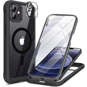 Miracase Magnetic for iPhone 12/12 Pro Case 6.1 inch, (Compatible with MagSafe) Upgrade Full-Body Clear Phone Bumper Case with Built-in 9H Tempered Glass Screen Protector, Magnetic Classic Black