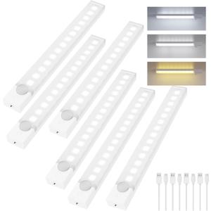 Under Cabinet Lighting 8 Inch 6-Pack, Rechargeable Motion Sensor Light Indoor, Dimmable Closet Lights 3 Color Temps, Wireless Under Counter Lights for Kitchen, Stairs