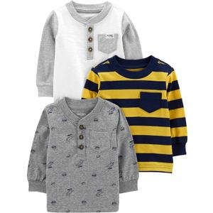 Simple Joys by Carter's Boys 3-Pack Long Sleeve Shirts (4T, Grey Dinosaur/White/Yellow Stripe)