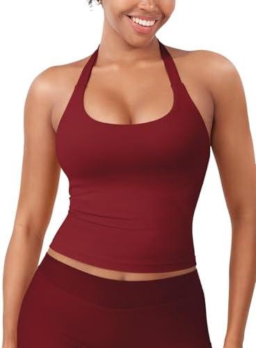 YEOREO SoftHue Women's Impact Halter Tank Top Longline Backless Scoop Neck Built-in Bra Sports Workout Gym Crop Top S