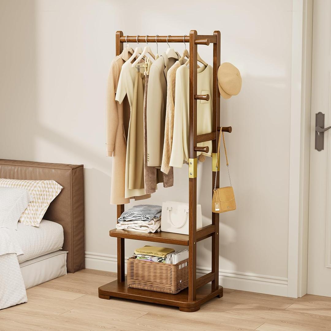 Taitiy Coat Rack Solid Wood Clothes Rack with 2 Shelves & 4 Hooks for Hanging Clothes Garment Wallets Hats, Clothing Rack Coat Rack Freestanding Hall Tree with Storage for Hallway Bedroom Living Room