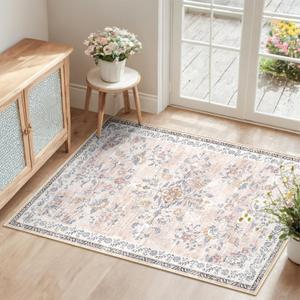 Area Rug 2x3, Vintage Floral Distress Print Pattern, Washable Non-Slip Low-Pile Indoor Carpet for Bedroom, Living Room, Dining Room & Entryway, Pink Purple
