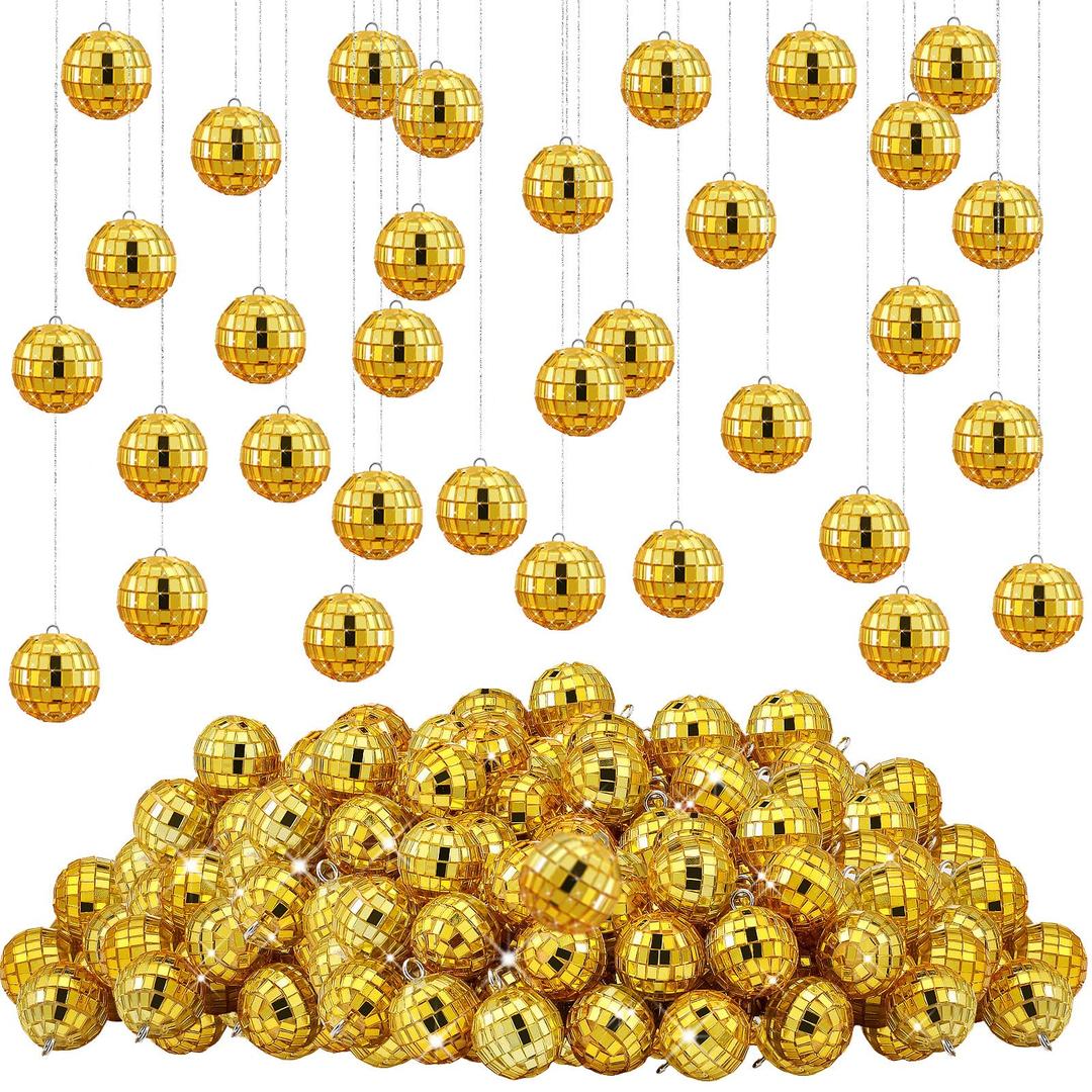 Hoolerry 200 Pcs Mirror Mini Disco Balls Ornament 1.2 Inch Mardi Gras Small Hanging Decorations Reflective Tiny Mirror Balls Ornaments for 70s 80s Disco Party, Birthday, Wedding(Gold)