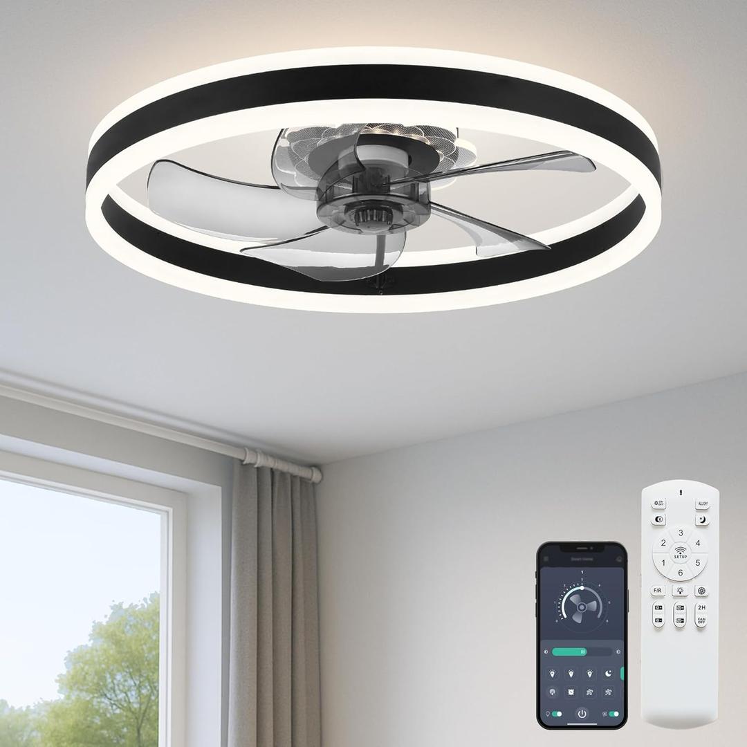 Ceiling Fan with Light, Upgraded 20 Low Profile Fan, Flush Mount Ceiling Fan, 6 Speeds, Dimmable LED, App & Remote Control, Quiet DC Motor, for Bedroom, Living Room, F105 Black-D