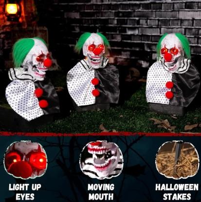 Halloween Animatronics Clown Pathway Markers Decorations, Hanging Animated, Floating Scary Skull with Stakes, Sound Activated, Talking, Light Up Eyes, Haunted Horror Prop for Indoor, Outdoor