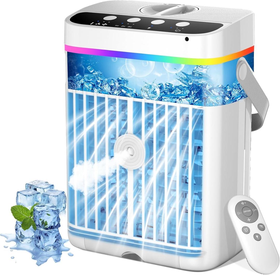 Portable Air Conditioners, Mini Air Conditioner, Personal Air Conditioner, AC Unit Cooling Fan with Remote Control, 3 Speed, 3 Mist, 7 Light,1-3H Timer, Evaporative Air Cooler Fan for Bedroom Office (White)