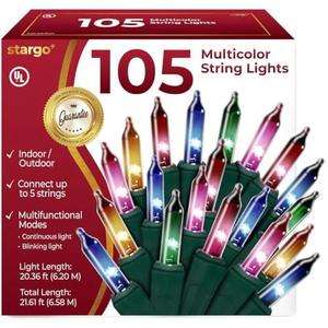 Warm Multi Color Christmas Lights  20 ft String of 105 Incandescent Mini Bulbs Multifunctional Lighting Modes, for Decorative, Bedroom, Outdoor, Xmas Twinkle Tree Lights with Green Wire Total 21.6 ft 2 PACK