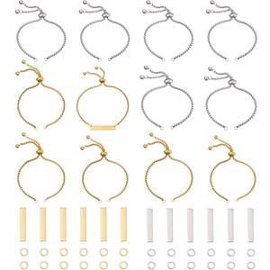 24 pcs 12set Engravable Bracelets DIY Kit 2 Color Stainless Steel Rectangle Connectors Adjustable Slider Bracelets and Open Jump Rings for DIY Bracelet Laser Crafting