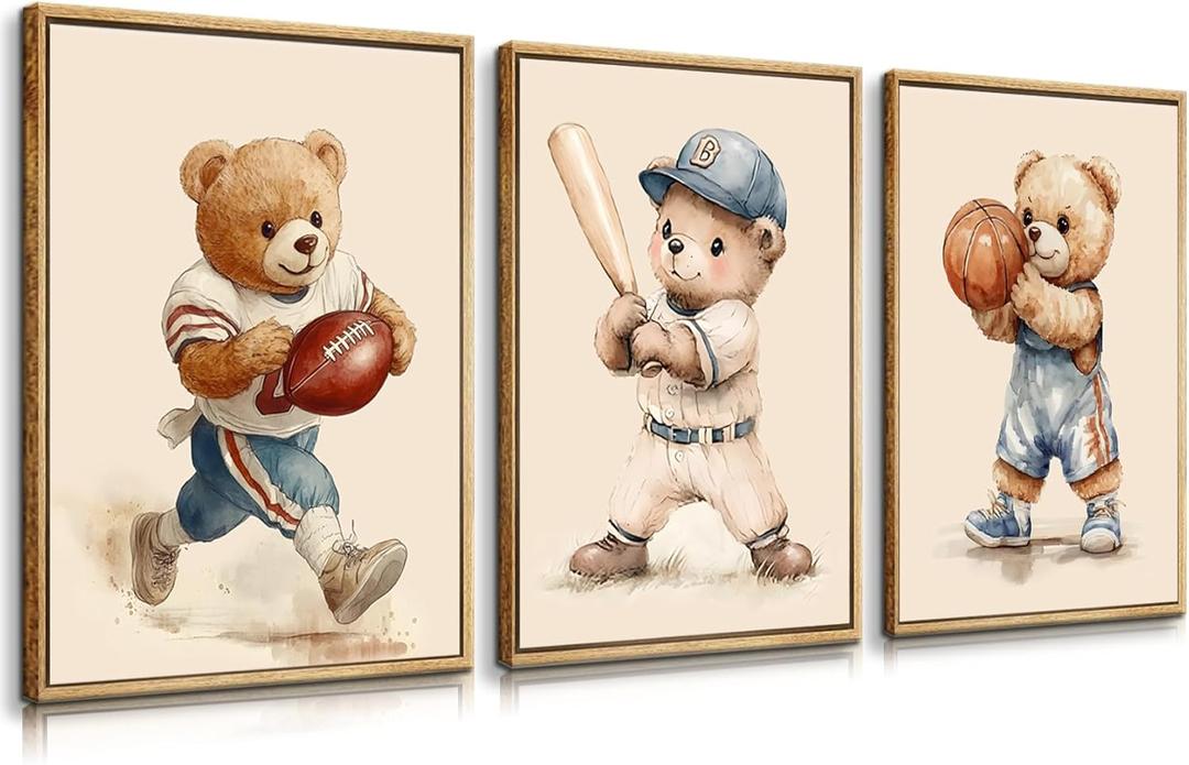 3 Pcs Nursery Bear Wall Art Boys Sports Canvas Wall Decor Vintage Cute Animal Poster Prints Kids Room Painting Pictures for Living Room Bedroom (16x24in Poster) (16L" x24W")
