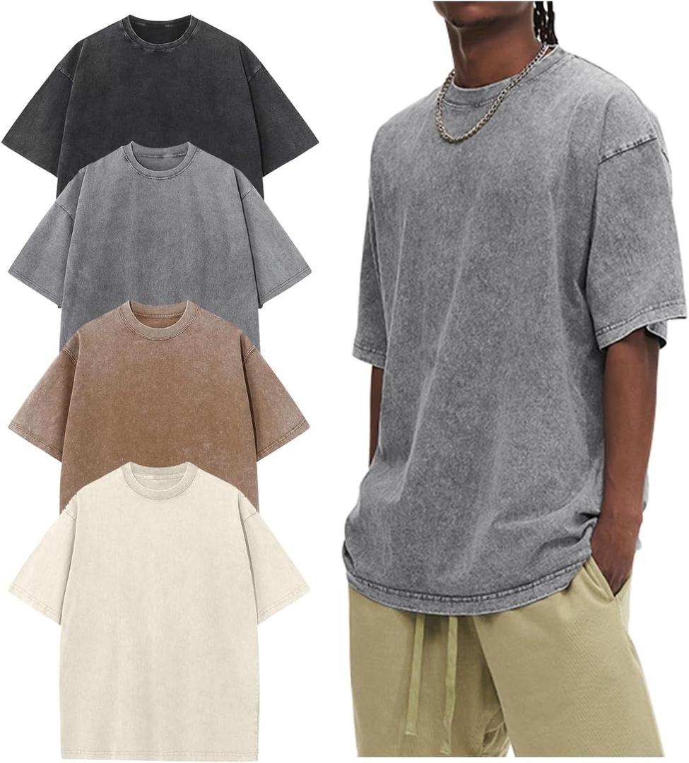 Arssm Oversized Tshirts for Men Acid Wash Loose Fit Vintage Cotton Heavyweight T Shirts Baggy Tees (L)