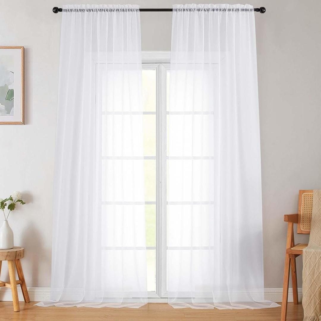 Extra Long Sheer White Curtains for Bedroom Living Room 120 Inches Long 2 Panels Set, Solid Soft Light Filtering Rod Pocket Sheer Window Curtains, White, Each 42" Wx120'' L 