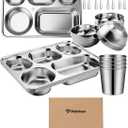 Potchen 20 Pcs Stainless Steel Plates Bowls Cups Spoons Forks 304 Stainless Steel Dinnerware Set Divided Plates Dinner Tray for Home Kitchen Restaurant