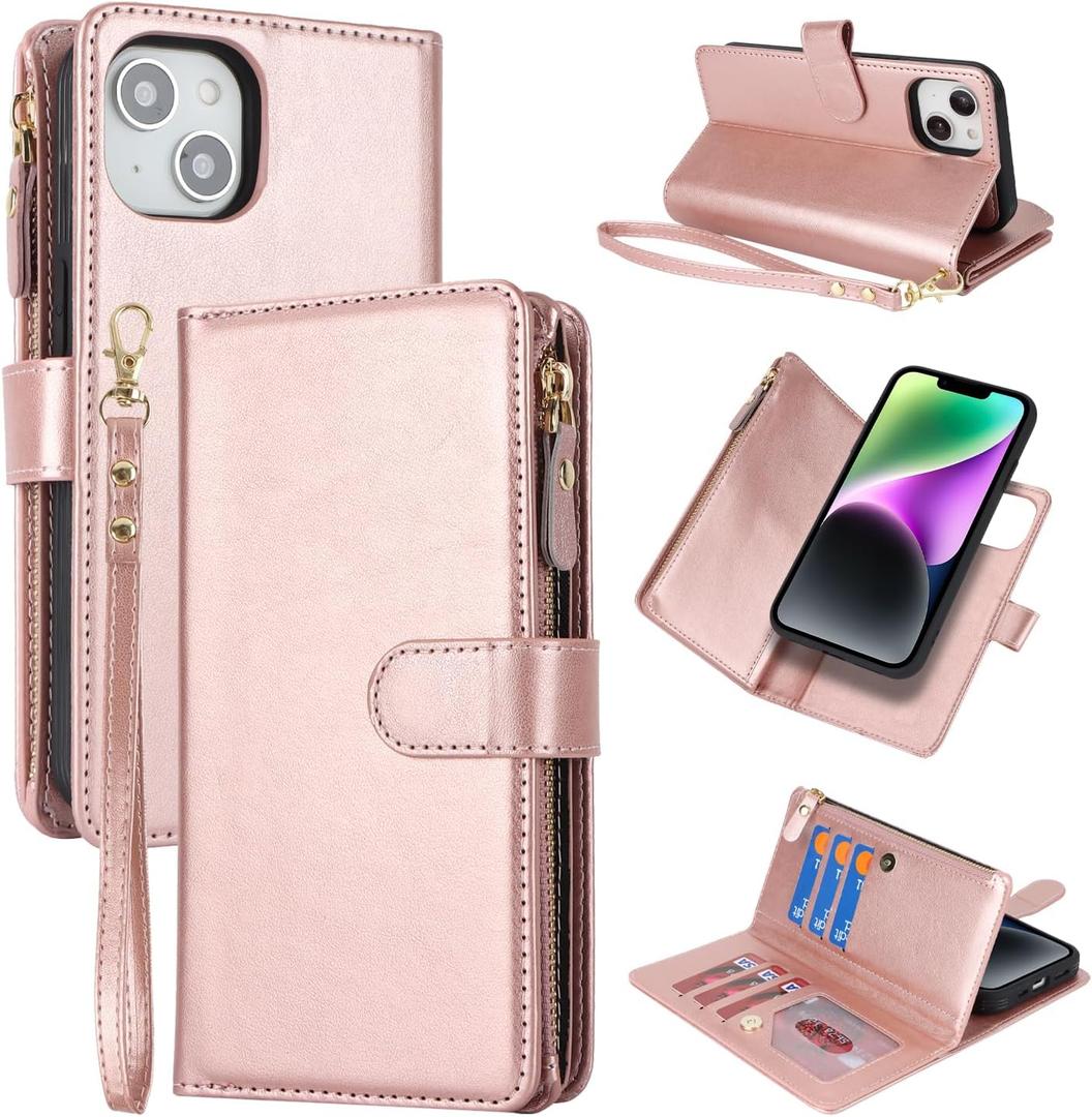 for iPhone 13 Case,for iPhone 14 Wallet Case,for iPhone14 iPhone13 Case,2 in 1 Detachable Wallet Magnetic Case PU Leather Folio Flip Cover with Zipper Coin Pocket & 6 Card Slots - Pink