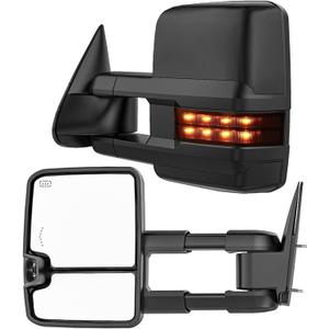 Smoked Power Heated Tow Mirrors Compatible with 2007-2013 Chevy Silverado GMC Sierra(2007 New) 1500 2500 3500 HD, Tahoe Suburban Avalanche Yukon, Extended Trailer Towing Side Mirrors w/Backup Light (Dotted Signal/Black Housing)