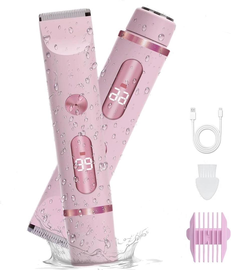 2-in-1 Women's Electric Shaver & Bikini Trimmer  IPX7 Waterproof for Face, Legs, Underarms  Wet/Dry Use  Cordless Hair Removal for Sensitive Skin (Pink)