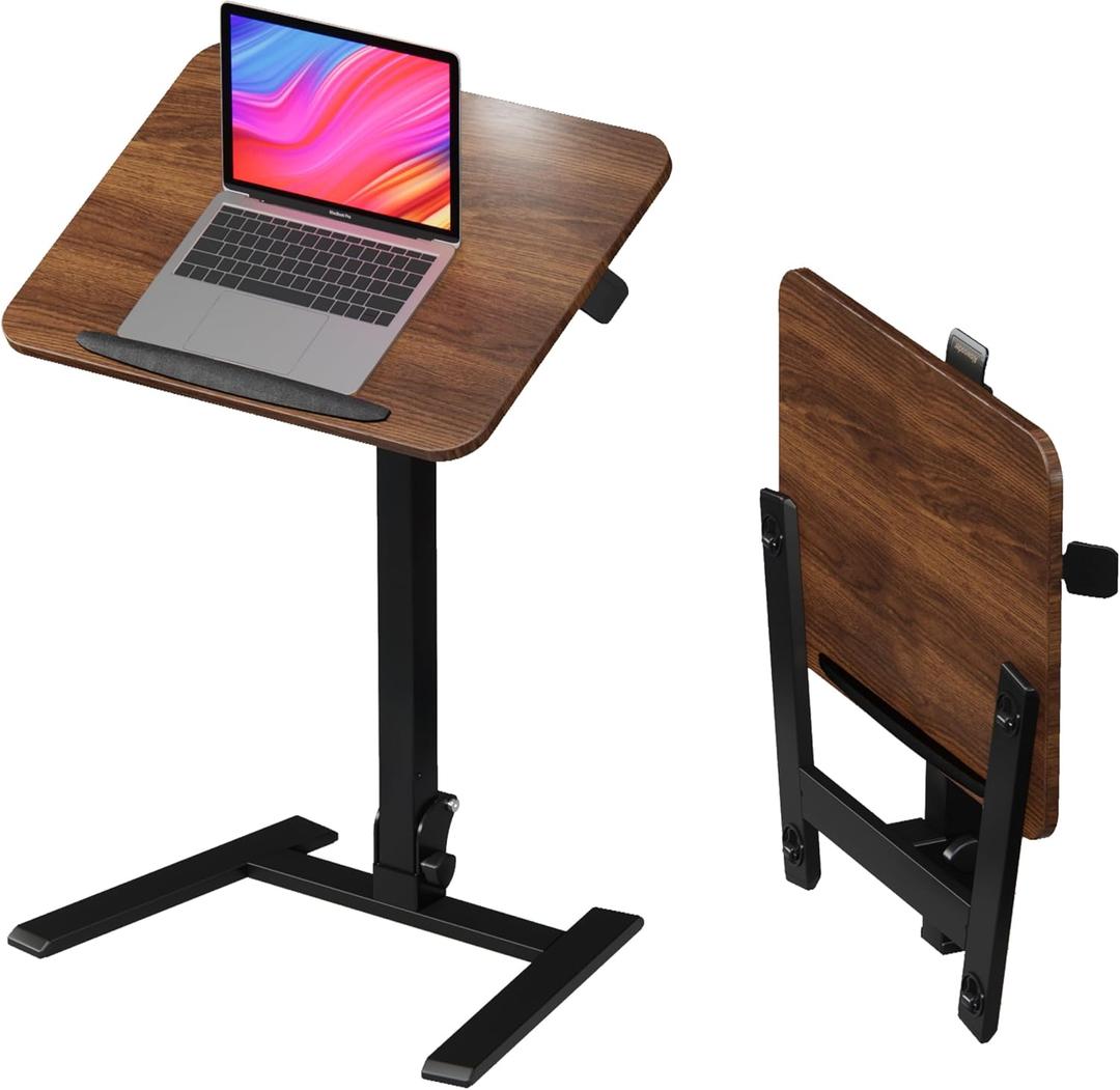 25 Inch Mobile Folding Desk - No Assembly, Pneumatic Sit-Stand, 29-42" Height Adjustable Rolling Laptop Desk with Hidden Wheels, 0-90 Tilt Top for Home Office, Craft & Study (Brown)
