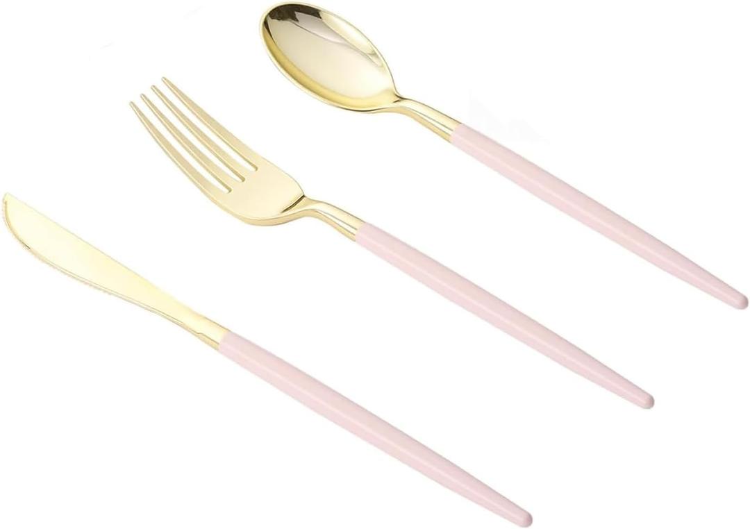 Goodluck 90 PCS Pink Gold Plastic Silverware Set for 30 Guests,30 Knives, 30 Forks and30 Spoons, Food-grade material free of BPA, Gold Plastic Cutlery Ideal for Weddings, Birthdays, Graduation
