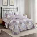 Brilliant Sunshine Lilac and Beige Rose Patchwork, 3-Piece Quilt Set with 2 Shams, Reversible Bedspread, Soft Lightweight Coverlet, All-Season, Full/Queen, Lilac