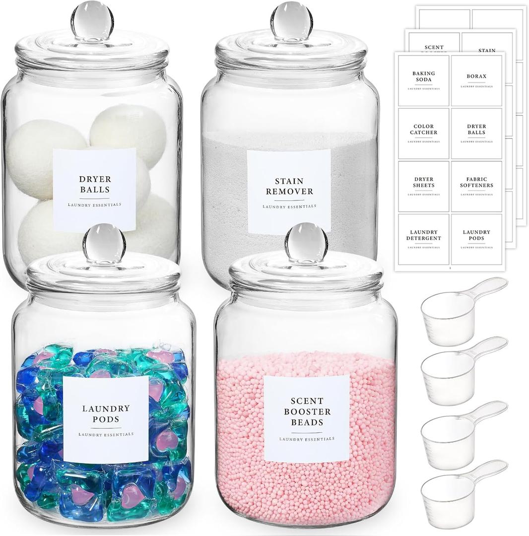 4 Pack Glass Jars with Lids and Labels, Glass Containers for Laundry Room Organization and Storage, Half Gallon Airtight Glass jars Holder for Laundry Detergent, Pods, Scent Booster Beads, 4 Spoons