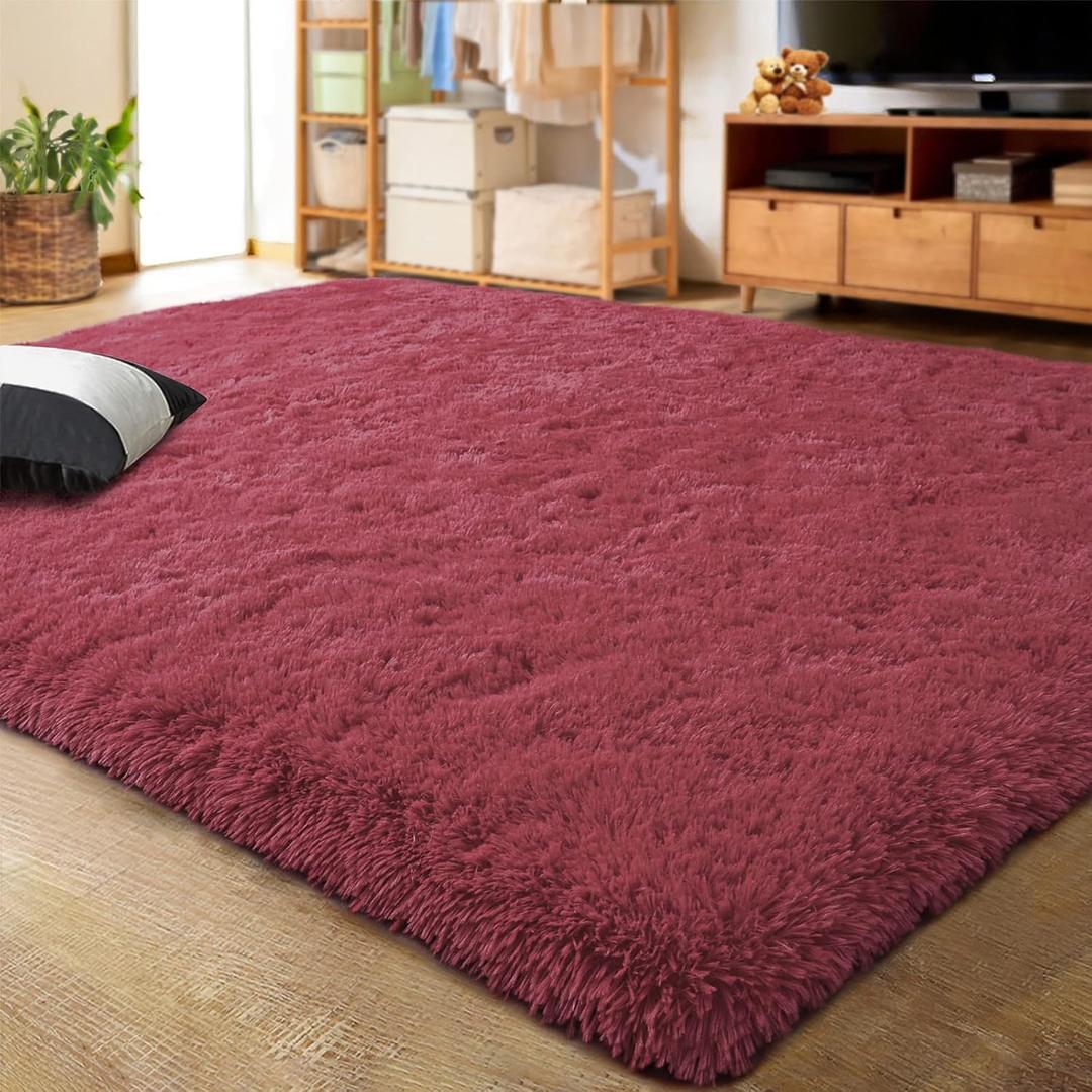 LOCHAS Ultra Soft Indoor Modern Area Rugs Fluffy Living Room Carpets for Children Bedroom Home Decor Nursery Rug 5.3x7.5 Feet, Burgundy