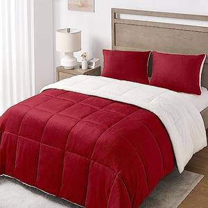 Basic Beyond Queen Comforter Set - Luxury Fleece Sherpa Comforter Sets for Queen Bed, Soft and Warm Queen Size Bedding Comforter Set for Winter, Red, 88"x88"