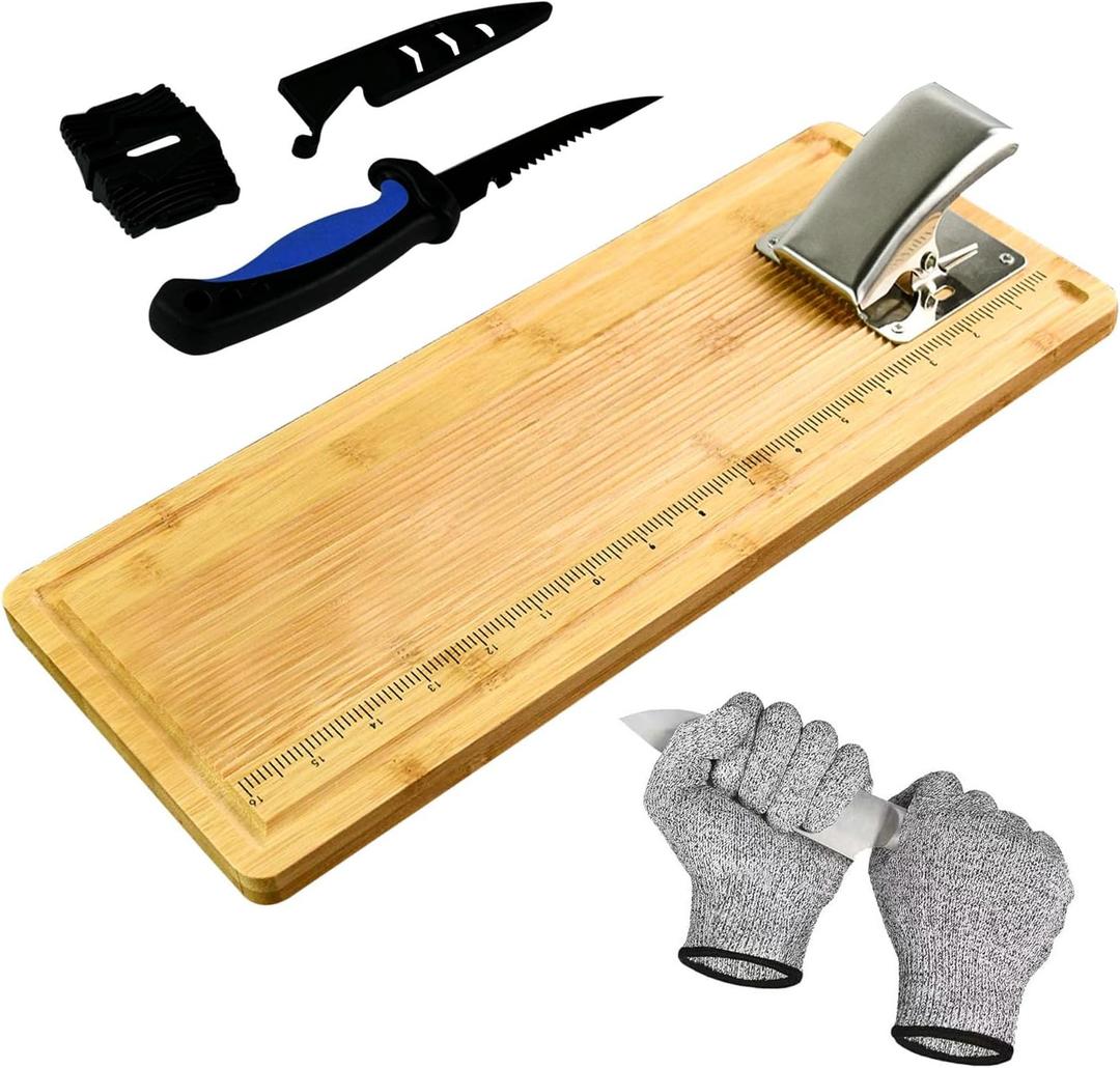 18" Bamboo Fish Cleaning Board Kit Anti-slip Fish Cutting Board Set Fish Filet Board with Scale Fish Measure Board Include Fish Fillet Knife, Clamp, Sharpener,Gloves, Fisherman Gifts