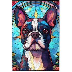 Wooden Jigsaw Puzzle 1000 Pieces for Adults - Boston Terrier Stained Glass Jigsaw Puzzles 1000 Pieces Dogs Art, 29.5 x 19.7 Inch Large Puzzle with Letters On Back, Stress Relief Toys Adult