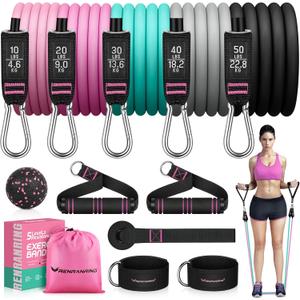 RENRANRING Resistance Bands for Working Out, 150LBS Exercise Bands, Workout Bands, Resistance Bands Set with Handles for Men Women, Legs Ankle Straps for Muscle Training (51.0 inch, Black, Gray, Blue, Medium pink, Pink)