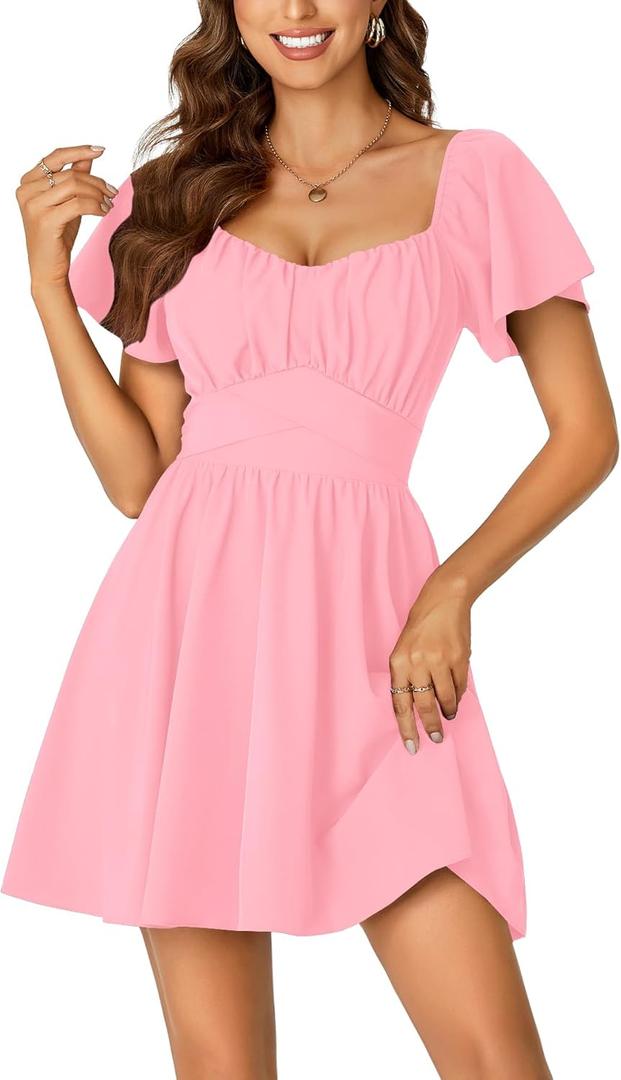 Rooscier Women's Tie Back Square Neck Wrap Ruffle Short Sleeve Flare Mini Dress (Medium, Pink)