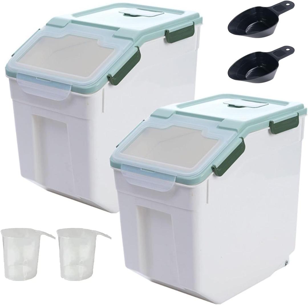 Large Flour Storage Container Bin 50lb, 2Pack Airtight Rice Storage Containers with Wheels Seal Locking Lid, BPA Free with Measuring Cup&Scoop for Flour, Rice, Grain(Green)