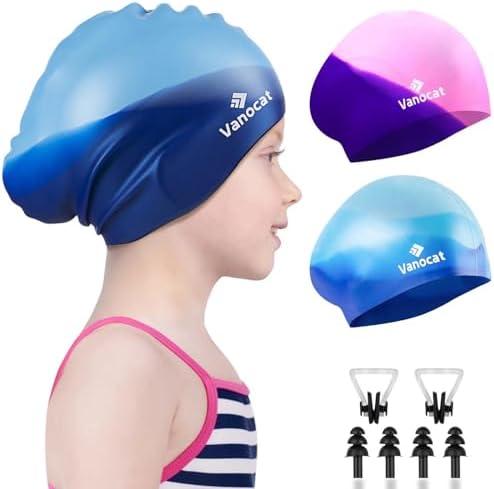 2 Pack Kids Swim Caps for Long/Short Hair, Unisex Silicone Swimming Cap for Age 3-15 Children Toddler Youth Teen, Waterproof Shower Cap Bathing Hats for Girls Boys with Ear Plugs & Nose Clip-14