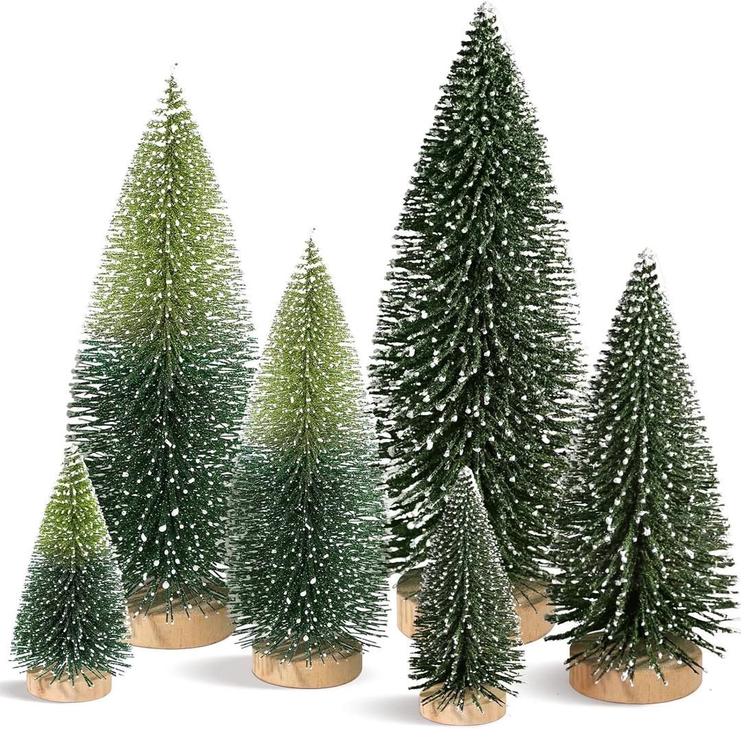 Hatisan 6pcs Mini Christmas Trees Small Bottle Brush Trees with Wooden Base, Artificial Christmas Trees for Village Tabletop Home Room Party Craft Christmas Decor Indoor(Green, Double Colors) (Green, Double Colors)