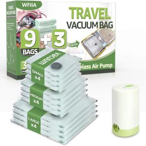 12 Packs Vacuum Bags for Travel with Rechargeable air Pump, 3 Sizes Vacuum Seal Bags for Clothing, Space-Saving Compression Storage Bags for Travel & Closet Organization