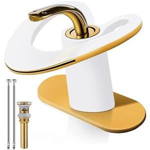 White Gold Waterfall Single Hole Vanity Sink 2 Tone Brass Unique Modern Bathroom Faucets, Luxury Elegant Hollow 1 Handle Faucet, Basin Tap for RV Bar Laundry with Pop up Drain, Sink Romodel