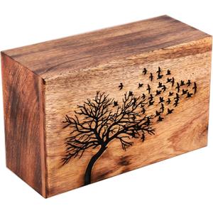Wooden Cremation Urn for Human Ashes Adult  Handcrafted Solid Wood Memorial Urn Box | Engraved Flying Bird Design | Large Burial Urn with Antique Finish | 250 Cu in Capacity | Funeral Keepsake