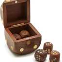 Two's Company Wood Crafted Dice Box with 6 Dice, Acacia Wood, 2.5-inches Square, Brown